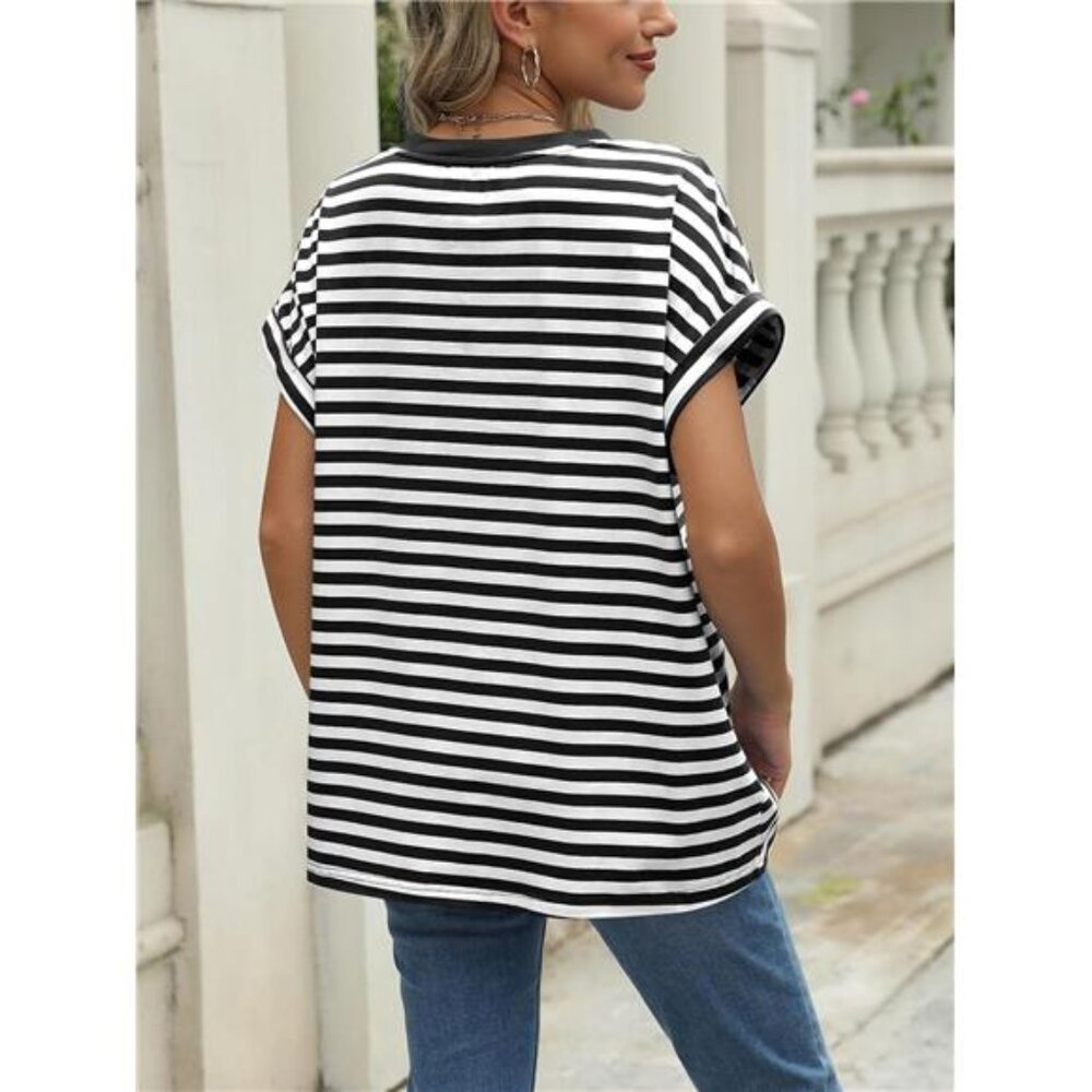 Womens Summer Tops Outfits Spring Casual Dressy T Shirts Workout B&W Striped - Picture 5 of 6